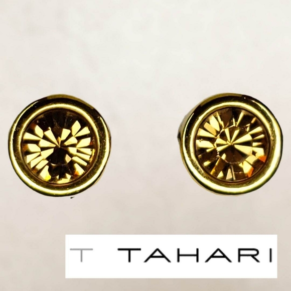 T TAHARI Logo Gold Tone Topaz Round Shaped Post Earrings - Picture 13 of 13